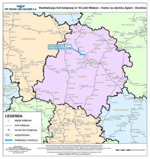 Mapa przedstawiająca zaznaczony odcinek projektu: Rewitalizacja linii kolejowej nr 16 Widzew - Kutno na odcinku Zgierz - Ozorków