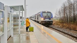 Pociąg i podróżna na przystanku Berejów, 21.12.2021 r. Autor. Anna Hampel, PKP PLK S.A.