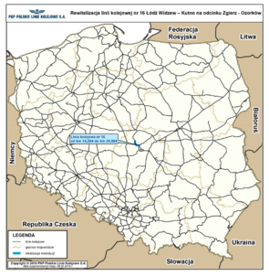 Mapa przedstawiająca zaznaczony odcinek projektu: Rewitalizacja linii kolejowej nr 16 Widzew - Kutno na odcinku Zgierz - Ozorków