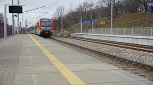 Pociąg na przystanku Łódź Marysin, 09.03.2021 r. Autor. Anna Hampel źródło PKP Polskie Linie Kolejowe S.A.