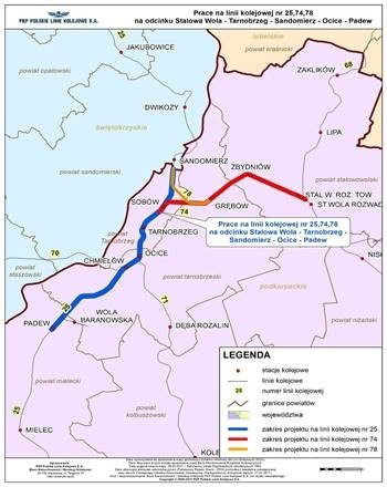 Mapa z przebiegiem linii kolejowych numer 25, 74 oraz 78.